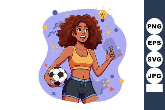 Athletic Woman Holding Soccer Ball with Graphics & Illustrations